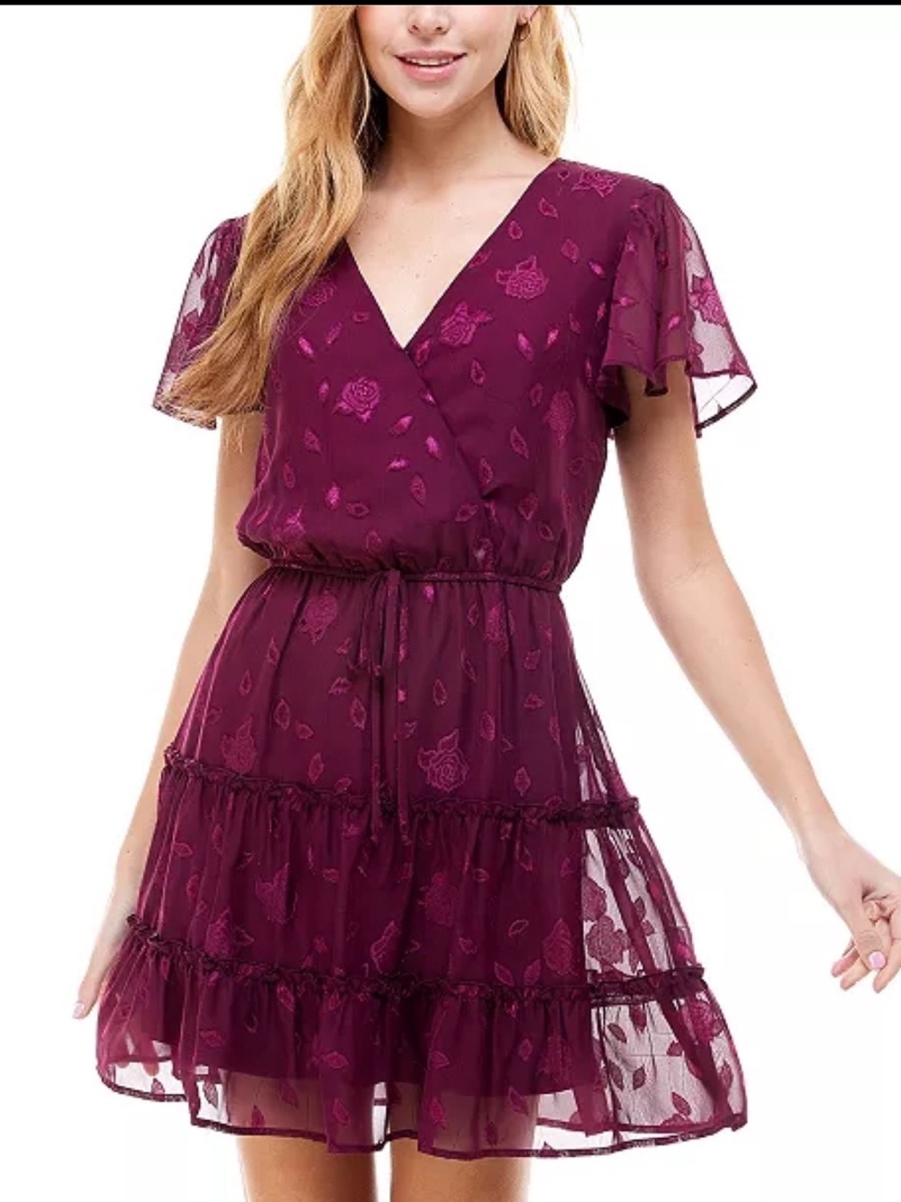 City Studio Wine Floral Wrap Mini Dress